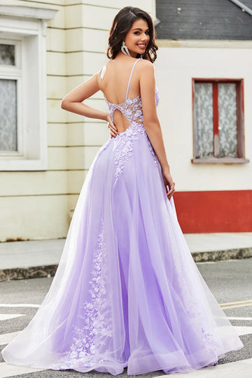 Underbar A Line Spaghetti Straps Lila Tyll Lång Balklänning med Applikationer
